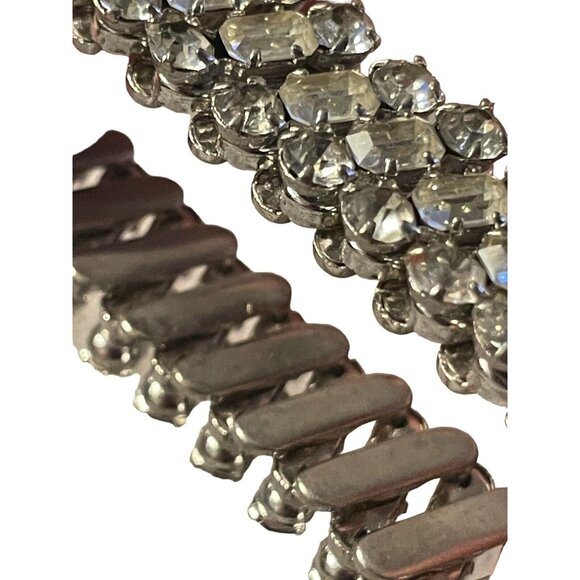 Icy Clear Rhinestone 3 Row Stretch Bangle Bracelet Silver Tone VTG Wedding Prom - Picture 9 of 12